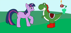 Size: 800x374 | Tagged: safe, artist:echo-wulf, twilight sparkle, yoshi, g4, crossover, duo, nintendo, piranha plant, super mario bros., warp pipe, yoshilight