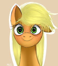 Size: 1500x1700 | Tagged: safe, artist:misspolycysticovary, applejack, earth pony, pony, g4, bust, female, freckles, looking at you, one ear down, portrait, solo