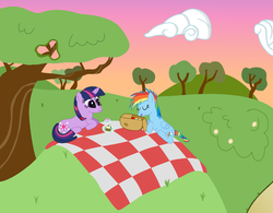 Size: 5926x4616 | Tagged: safe, artist:ragerer, rainbow dash, twilight sparkle, pegasus, pony, unicorn, g4, absurd resolution, female, filly, filly rainbow dash, filly twilight sparkle, horn, lesbian, picnic, ship:twidash, shipping, sunset, tree, vector