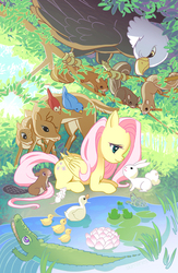 Size: 587x900 | Tagged: safe, artist:skimlines, fluttershy, alligator, bald eagle, beaver, bird, deer, eagle, frog, pegasus, pony, rabbit, squirrel, turtle, g4, animal, cute, eye contact, female, group, lilypad, looking at each other, mare, pond, prone, shyabetes, water