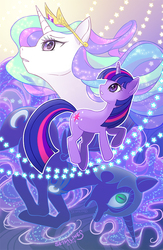 Size: 522x800 | Tagged: safe, artist:skimlines, nightmare moon, princess celestia, twilight sparkle, alicorn, pony, unicorn, g4, fangs, female, looking at you, looking up, mare, open mouth, unicorn twilight, upside down, white outline