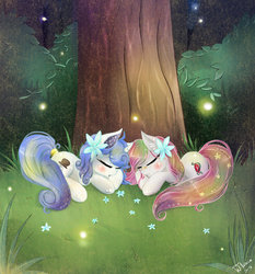Size: 1024x1098 | Tagged: safe, artist:wilvarin-liadon, oc, oc only, firefly (insect), flower in hair, night, sleeping