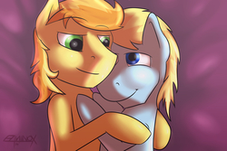 Size: 1280x853 | Tagged: safe, braeburn, oc, oc:sweet corn, g4, cuddling, gay, hug, male, snuggling