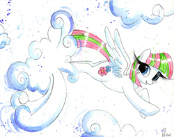 Size: 1191x938 | Tagged: safe, artist:prettypinkpony, blossomforth, pony, g4, cloud, cloud busting, cloudy, female, long eyelashes, solo, traditional art