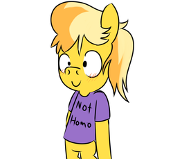 Size: 1200x1100 | Tagged: safe, artist:irunekagi, braeburn, earth pony, pony, g4, bipedal, blushing, clothes, male, no homo, not gay, shirt, solo, truth