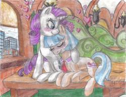 Size: 1652x1268 | Tagged: safe, artist:semijuggalo, coco pommel, rarity, earth pony, pony, unicorn, g4, bench, blushing, cuddling, duo, eyes closed, fanfic, fanfic art, female, grin, heart, hug, lesbian, prone, ship:marshmallow coco, shipping, sitting, smiling, snuggling, traditional art