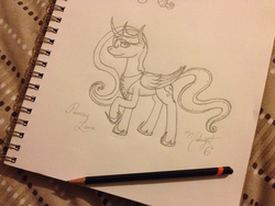 Size: 1000x750 | Tagged: safe, artist:midnightsix3, princess luna, lunadoodle, g4, curved horn, female, horn, monochrome, solo, traditional art