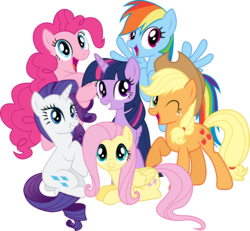 Size: 3241x3000 | Tagged: safe, artist:theshadowstone, applejack, fluttershy, pinkie pie, rainbow dash, rarity, twilight sparkle, alicorn, earth pony, pegasus, pony, unicorn, g4, female, happy, high res, mane six, mane six opening poses, mare, one eye closed, simple background, transparent background, twilight sparkle (alicorn)