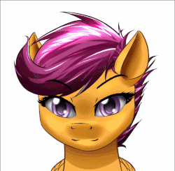 Size: 543x533 | Tagged: safe, artist:mykegreywolf, scootaloo, pegasus, pony, g4, animated, emofuri, eye clipping through hair, female, looking at you, simple background, solo, white background