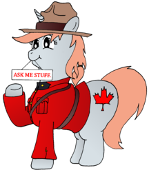Size: 1705x1974 | Tagged: safe, artist:fatponysketches, oc, oc only, pony, unicorn, canadian, chubby, clothes, coat, fat, flag, hat, maple leaf, police, sign, soldier, solo