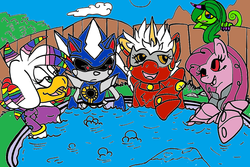 Size: 1024x683 | Tagged: safe, artist:candiphoenixes, artist:devious-discord-rp, oc, oc only, oc:alicor psycho pie, zeti, 1000 hours in ms paint, crossover, hot springs, metal, metal sonic, ms paint, neo metal sonic, solo, sonic lost world, sonic the hedgehog, sonic the hedgehog (series), zeena