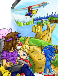 Size: 1088x1406 | Tagged: safe, artist:xnosidex, rainbow dash, human, pikachu, puffball, g4, ? block, billy hatcher, billy hatcher and the giant egg, cape, clothes, crossover, gift art, kirby, kirby (series), male, mario, monitor, nintendo, platformer, poké ball, pokémon, ring, sonic the hedgehog, sonic the hedgehog (series), super mario bros., tablet