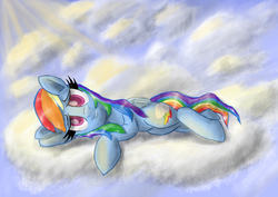 Size: 1754x1240 | Tagged: safe, artist:manfartwish, rainbow dash, g4, cloud, cloudy, female, looking at you, on a cloud, on side, solo