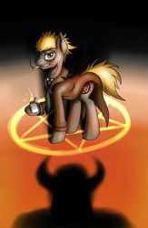 Size: 1280x1958 | Tagged: safe, earth pony, pony, clothes, coat, grin, hellblazer, john constantine, lighter, looking at you, male, pentagram, ponified, shadow, smiling, smoking, stallion