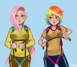 Size: 1280x1110 | Tagged: safe, artist:nikko, fluttershy, rainbow dash, human, g4, air ponyville, breast envy, breasts, busty fluttershy, female, harness, humanized, parachute