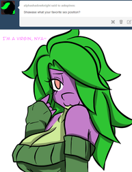 Size: 612x792 | Tagged: safe, artist:inuyuru, spike, oc, oc:shiawase, anthro, ask spines, g4, anthro oc, barb, blatant lies, breasts, busty barb, cleavage, female, rule 63, solo, tumblr