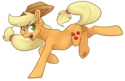 Size: 822x532 | Tagged: safe, artist:srsishere, applejack, g4, female, kicking, looking back, simple background, solo, underhoof