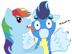 Size: 1063x794 | Tagged: safe, artist:valden, rainbow dash, soarin', g4, blushing, female, licking, male, pomf, ship:soarindash, shipping, straight, wingboner, wonderbolts uniform