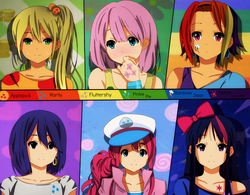 Size: 2007x1568 | Tagged: safe, artist:miyaki-chama, applejack, fluttershy, pinkie pie, rainbow dash, rarity, twilight sparkle, human, g4, anime, boobie mark, humanized, k-on, mane six