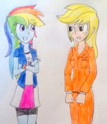 Size: 1523x1765 | Tagged: safe, artist:little-miss-oshawott, applejack, rainbow dash, equestria girls, g4, angry, clothes, crossed arms, cuffs, prison outfit, prisoner, prisoner aj, smiling, smirk, traditional art