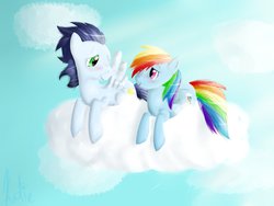 Size: 1280x960 | Tagged: safe, artist:jazz-butt, rainbow dash, soarin', g4, blushing, cloud, cloudy, female, male, old cutie mark, ship:soarindash, shipping, straight