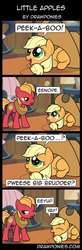 Size: 513x1556 | Tagged: safe, artist:drawponies, applejack, big macintosh, earth pony, pony, g4, annoyed, applejack's hat, colt, comic, cute, diabetes, eyes closed, female, filly, frown, happy, hat, hnnng, jackabetes, male, open mouth, peekaboo, pouting, prone, puppy dog eyes, sad, smiling, stallion, weapons-grade cute