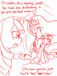 Size: 600x800 | Tagged: source needed, safe, artist:conicer, princess celestia, twilight sparkle, g4, caption, doll, eyes closed, female, frown, gritted teeth, insanity, monochrome, plushie, sitting, smiling, snaplestia, twidoll, wide eyes