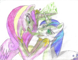 Size: 1645x1277 | Tagged: safe, artist:semijuggalo, queen chrysalis, shining armor, changeling, pony, unicorn, g4, changeling feeding, disguise, disguised changeling, draining, duo, fake cadance, heart, magic, mind control, traditional art