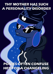 Size: 500x694 | Tagged: safe, artist:drpain, princess luna, g4, clothes, female, hoodie, hug life, rapping luna, solo, sunglasses, wu-mustang clan, yo momma joke, your mom