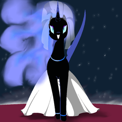 Size: 1000x1000 | Tagged: safe, artist:jun, nightmare moon, g4, bride, clothes, dress, female, grin, looking at you, nicemare moon, pixiv, smiling, solo, wedding dress