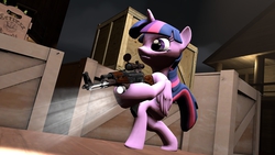 Size: 1240x698 | Tagged: safe, artist:epickitty54, twilight sparkle, alicorn, pony, g4, 3d, ak-47, badass, epic, female, gun, mare, poster, rifle, solo, source filmmaker, twilight sparkle (alicorn), weapon