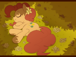 Size: 1024x768 | Tagged: safe, artist:うめぐる, pinkie pie, earth pony, pony, g4, dock, eyes closed, female, flower, flower in hair, grass, mare, shade, sleeping, smiling, solo, strategically covered, tail censor