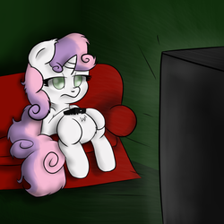 Size: 894x894 | Tagged: safe, artist:ponkopudding, artist:schizophrenicghost, sweetie belle, g4, female, remote, sitting, solo, television