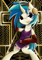 Size: 1750x2500 | Tagged: safe, artist:lilliesinthegarden, dj pon-3, vinyl scratch, pony, semi-anthro, g4, art deco, bipedal, clothes, compact cassette, female, flapper, headphones, leotard, retro, socks, solo, steampunk