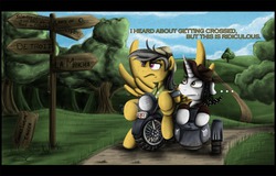 Size: 1200x766 | Tagged: safe, artist:jamescorck, daring do, oc, oc:movie slate, pony, g4, ask, crossover, duo, indiana jones, indiana jones and the last crusade, motorcycle, tumblr