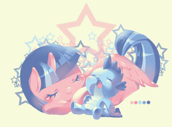 Size: 3504x2597 | Tagged: safe, artist:murasaki-to, spike, twilight sparkle, alicorn, dragon, pony, g4, cute, eyes closed, female, high res, limited palette, male, mare, pixiv, sleeping, spikabetes, twilight sparkle (alicorn)