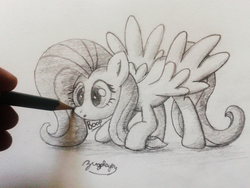 Size: 1260x945 | Tagged: safe, artist:bugplayer, fluttershy, pegasus, pony, g4, :o, boop, bugplayer is trying to murder us, cute, drawn into existence, female, grayscale, hand, mare, monochrome, pencil, pencil drawing, shyabetes, solo, spread wings, traditional art