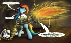 Size: 1200x724 | Tagged: safe, artist:jamescorck, rainbow dash, oc, oc:movie slate, g4, ask, minigun, parody, predator (franchise), serious rainbow, serious sam, tumblr