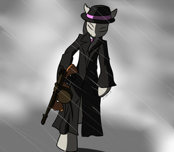 Size: 4849x4250 | Tagged: safe, artist:sidon-s, octavia melody, earth pony, semi-anthro, g4, absurd resolution, female, gangster, gun, mafia octavia, rain, solo, submachinegun, tommy gun