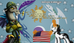 Size: 1200x711 | Tagged: safe, artist:jamescorck, boneless, discord, oc, oc:movie slate, draconequus, pony, unicorn, g4, american flag, ask, bubble pipe, clothes, corncob pipe, duo, female, flag, flag of equestria, general discord, helmet, magic, male, mare, patton, pipe, rubber chicken, telekinesis, tumblr, uniform