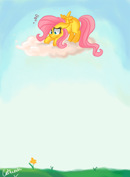 Size: 737x1000 | Tagged: safe, artist:notthemosttalented, fluttershy, g4, cloud, female, filly, flower, frown, ground, nervous, scared, sky, solo, spread wings, sweat, wide eyes, younger