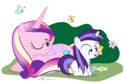 Size: 1050x700 | Tagged: safe, artist:dm29, princess cadance, oc, oc:violet starshine, butterfly, pony, unicorn, g4, 5-year-old, cute, duo, filly, julian yeo is trying to murder us, offspring, parent:princess cadance, parent:shining armor, parents:shiningcadance, simple background, transparent background