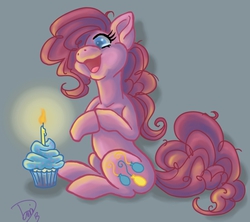 Size: 900x800 | Tagged: safe, artist:goldenfox, pinkie pie, g4, cupcake, female, signature, simple background, solo