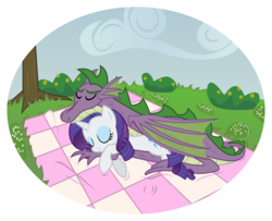 Size: 4638x3760 | Tagged: safe, artist:cheezedoodle96, rarity, spike, pony, g4, blanket, cuddling, female, flower, frame, grass, male, older, outdoors, ship:sparity, shipping, sleeping, spooning, straight, tree, vector