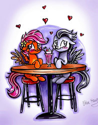 Size: 792x1009 | Tagged: safe, artist:frostykat13, rumble, scootaloo, g4, blushing, colt, crush, cute, date, female, filly, floppy ears, heart, male, milkshake, sharing a drink, ship:rumbloo, shipping, sitting, spread wings, straight, straw, traditional art