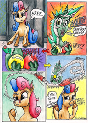 Size: 980x1379 | Tagged: safe, artist:harwalt, bon bon, lyra heartstrings, sweetie drops, classical unicorn, g4, balloon, balloon popping, comic, horn, leonine tail, party balloon