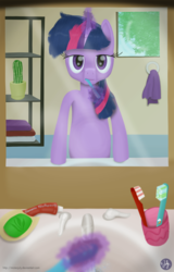 Size: 2560x4000 | Tagged: safe, artist:misterjuly, twilight sparkle, pony, g4, bathroom, bipedal, brushing teeth, cactus, female, female pov, morning ponies, pov, solo