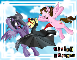 Size: 3300x2550 | Tagged: safe, artist:boastudio, artist:shinta-girl, artist:taekwon-magic, oc, oc only, oc:boa, oc:shinta pony, oc:taekwon magic, rubber pony, armpits, batsuit, flying lesson, high res, not apple bloom