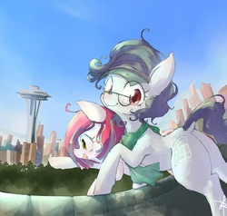 Size: 1280x1219 | Tagged: safe, artist:toki, oc, oc only, oc:front page, oc:poniko, butt, dock, duo, everfree northwest, female, filly, mare, pixiv, plot, ponysona, seattle, space needle