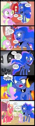 Size: 1000x3550 | Tagged: safe, artist:coltsteelstallion, big macintosh, princess celestia, princess luna, smarty pants, spike, alicorn, earth pony, pony, comic:a love letter, g4, angry, blushing, comic, companion cube, creeper, male, portal, shrunken pupils, slenderman, stallion, sweat, sweatdrop, this will not end well, tower of pimps, yelling